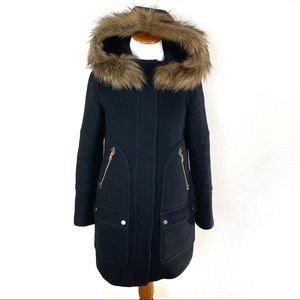 J. Crew Chateau Parka Black Italian Stadium Coat Wool Faux Fur Hood Women’s Sz 2